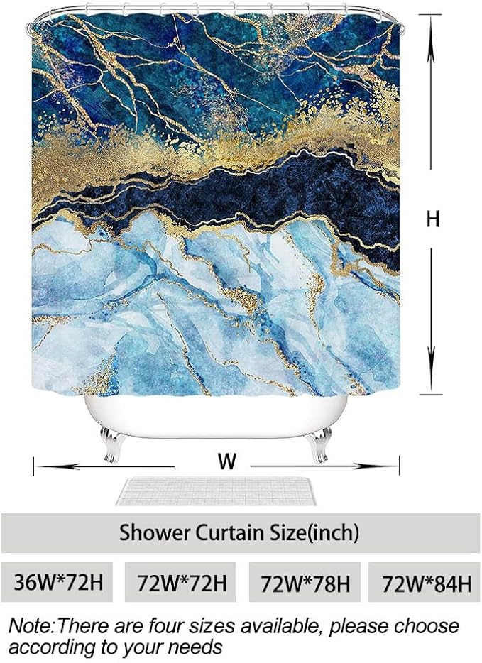 Marble Shower Curtain, Blue Marble Shower Curtain Set, Abstract Luxury Blue Golden Glitter Veins Texture Marble Shower Curtains for Bathroom, Waterproof Fabric, 36 x 72 inches