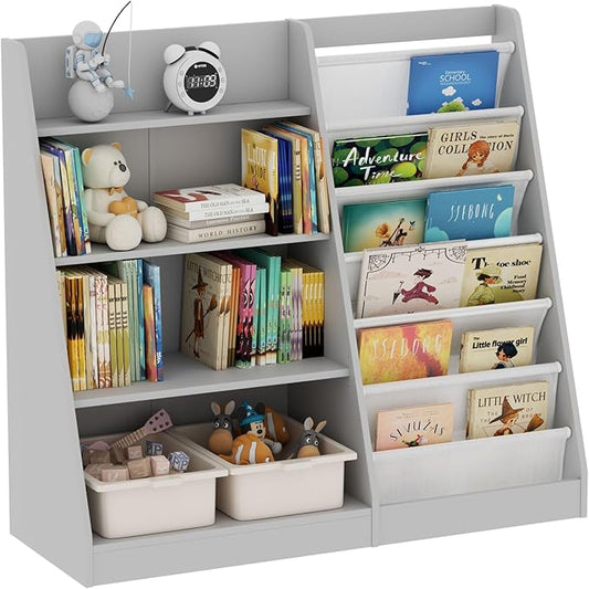 Gray Kids Bookshelf for Nursery Toddler Baby Sling Book Rack Adjustable Shelf Children Bookcase for Classroom Playroom Bedroom Décor Toy Magazine Book Storage Organizer 4 Tier Boy Girl’s Gift