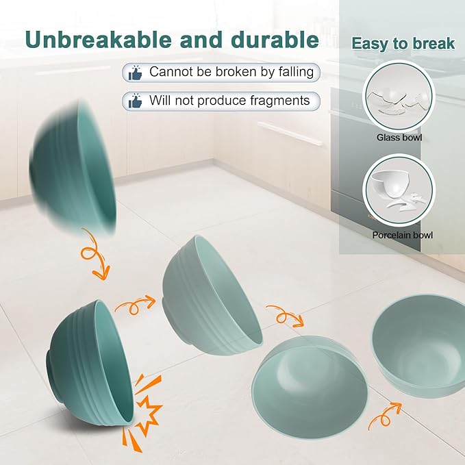 12 Pcs Unbreakable Cereal Bowls Set, 26 Oz Wheat Straw Bowls Set, Microwave & Dishwasher Safe Bowls for Kitchen, Reusable Plastic Bowls for Soup, Salad and Snack, BPA Free, Dark Blue