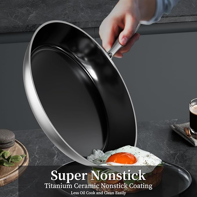 Stainless Steel Frying Pan Set with Lid 8.6inch and 12inch Titanium Ceramic Nonstick Frying Pan Kitchen Cookware Set Skillet with Stay-Cool Handle Non Toxic PFOA Free Suitable for All Stove
