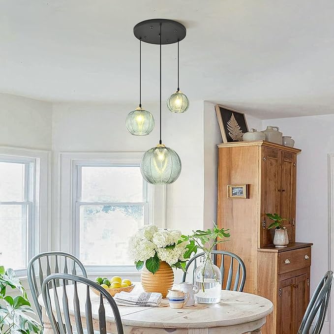 KCO Lighting Vintage Green Glass Chandelier 3 Light Pendant Light Fixtures Farmhouse Striped Glass Pendant Light Gold and Black Hanging Lights Multi Light Cluster Pendant Lighting