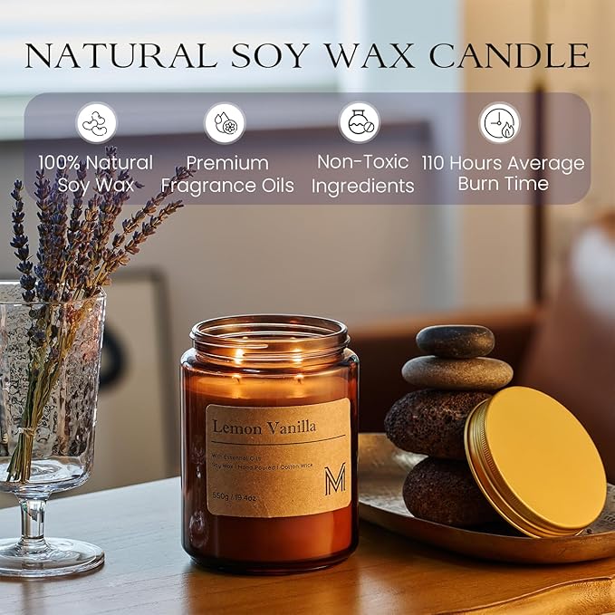 M&SENSE Lemon Vanilla Home Scented Candle | 19.4oz, 115-Hour Burn | Natural Organic Soy Wax | Long-Lasting for Stress Relief and Gifting | for Bedroom，Relaxing SPA，Office