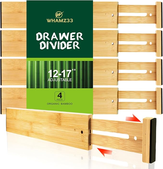 Kitchen Drawer Dividers, Adjustable Bamboo Drawer Organizer (12.8-17"), Expandable Utensil Organizer for Kitchen Storage, Closet, Dresser (4 Pack)
