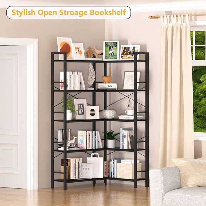 5-Shelf Corner Bookshelf, Large Open Shelf Bookcase,Black Metal Frame, L-Shaped Storage Rack with Cross Braces for Living Room Home Office