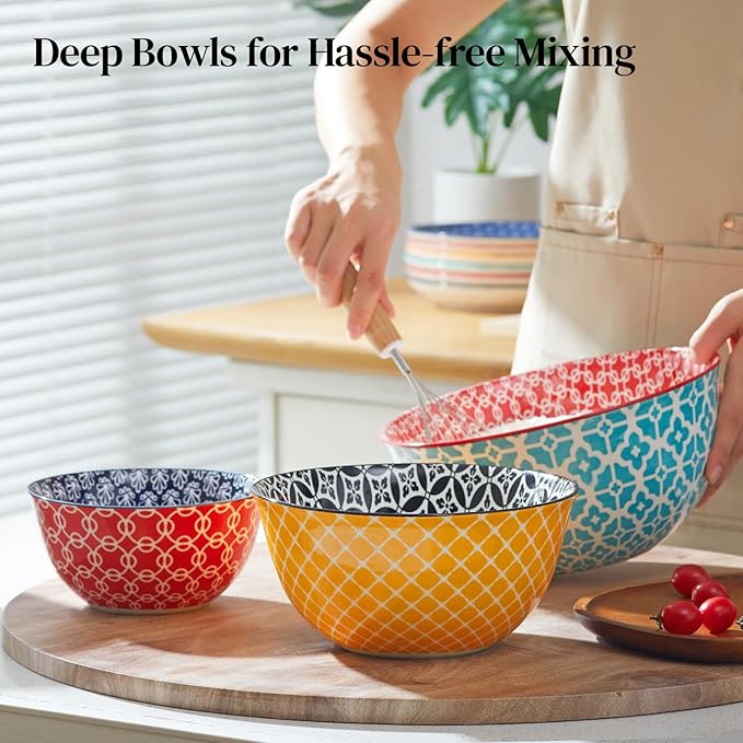 DOWAN Mixing Bowls, Ceramic Mixing Bowls for Kitchen, Colorful Vibrant Nesting Bowls for Cooking, Baking, Prepping, Serving, Salad, Housewarming Gift, Microwave Dishwasher Safe, 3.7/2/1 Qt, Set of 3