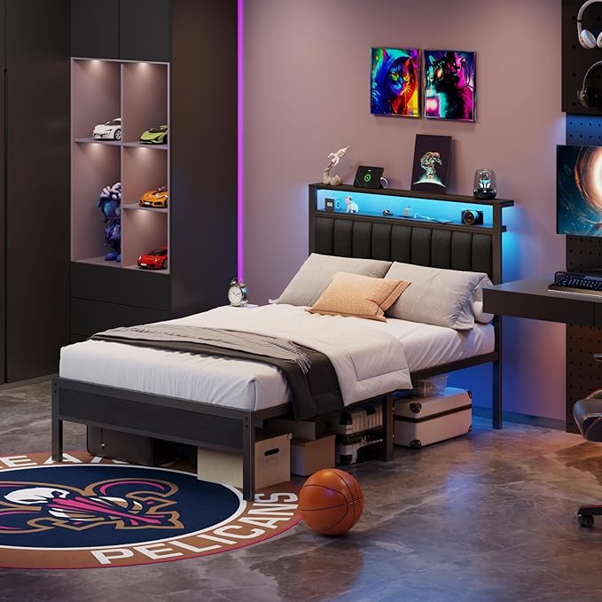 Furnulem Full Size Bed Frame with Charging Station and LED Lights, Platform Bed with Metal Slats, Grey Upholstered Headboard with 2-Tier Storage Shelves, No Box Spring Needed