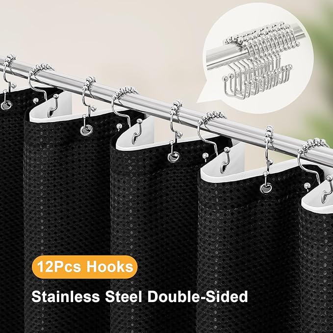 3 in 1 Shower Curtain Set, Black Waffle Shower Curtain and PEVA Liner Set with 12 Stainless Steel Shower Curtain Hooks, Waterproof Fabric Shower Curtains for Bathroom, 72 W x 72 H