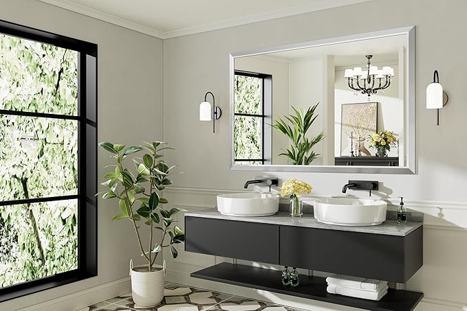 60x40 Inch Silver Bathroom Mirror for Wall, Thick Metal Framed Rectangle Mirrors for Over Sink, Bedroom, Living Room, Entryway, Anti-Rust, HD Tempered Glass