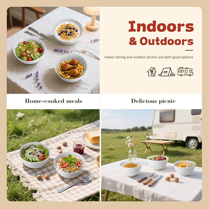 Wheat Straw Camping Bowls Sets of 6,Unbreakable 26oz Lightweight Bowls Sets for Outdoors Activity,Breakfast Bowls for Cereal and Salad.White Series