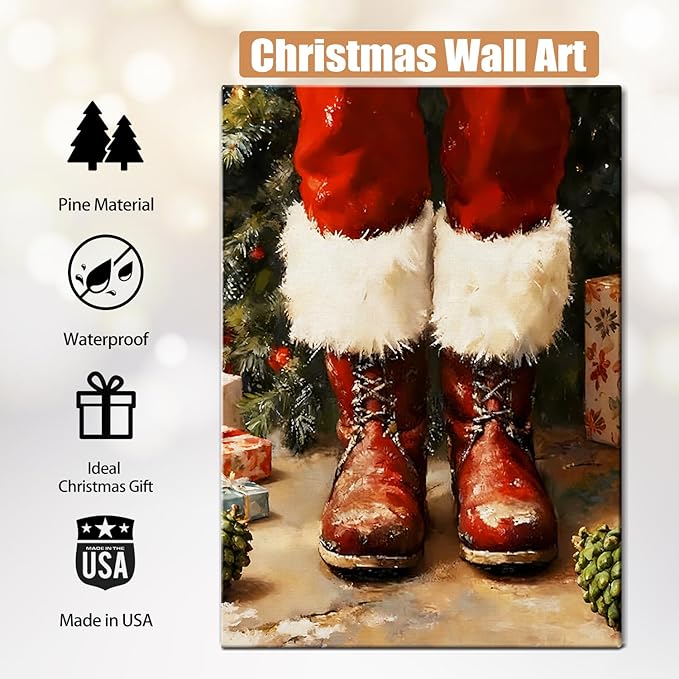 Vintage Christmas Boots Canvas Wall Art - Rustic Winter Wall Art Framed Print for Farmhouse Living Room, Cozy Christmas Wall Decor with Red Accents, Ideal Christmas Gifts & Festive