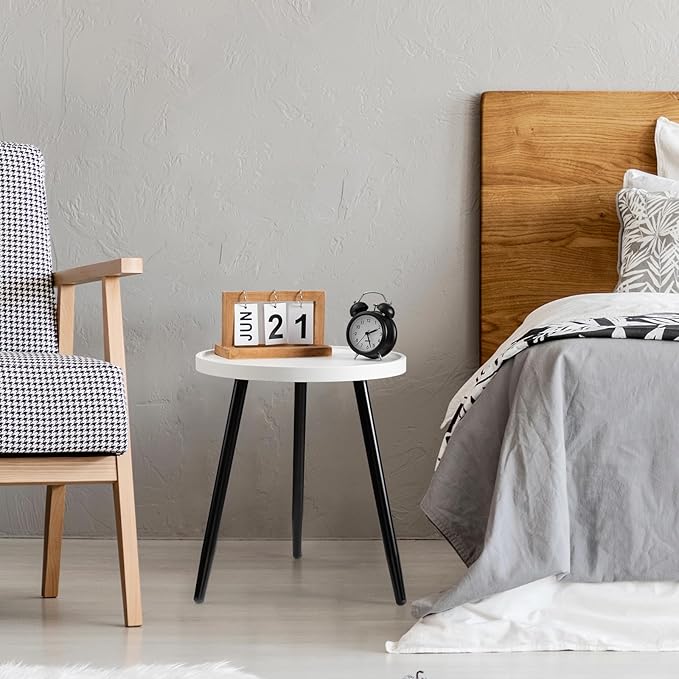 danpinera Round Side Table, Metal Legged Accent Table with Wooden Tray, Small Round End Table for Living Room, Bedroom, Nursery, White & Black