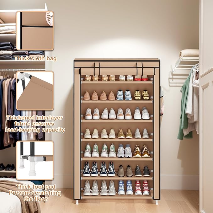 Laiensia 7-Tier Vertical Shoe Rack Organizer, Space Saving Shoe Storage Organizer, Non-Woven Cover Shoe Shelf Holds 28-35 Pairs for Bedroom, Hallway, Closet Entryway, Brown