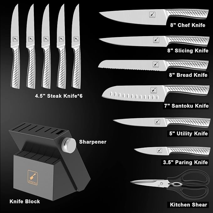 imarku Knife Set, 14PCS Knife Sets for kitchen with block, One-Piece Kitchen Knife Set with Built-in Sharpener, Stainless Steel Chef Knife Set with Lightning Stripes Handle, Dishwasher Safe(Black)