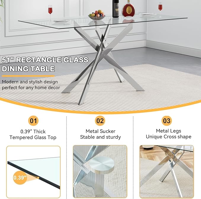 Goujxcy Glass Dining Table Set for 4, Modern Kitchen Table and Chairs Set of 4, 5-Piece Kitchen Dining Room Table Set w/51 Metal Silver Dining Table and 4 Black Velvet Upholstered Chairs