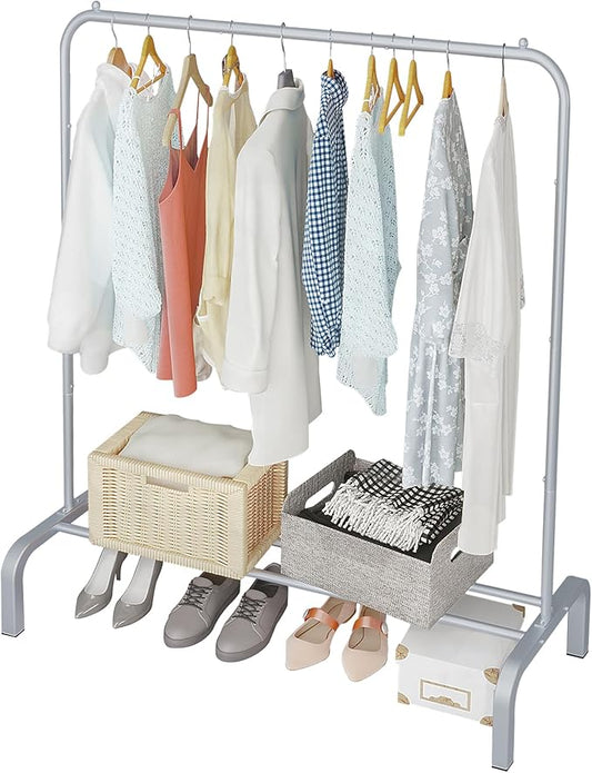 JIUYOTREE Metal Clothing Rack 43.3 Inches Clothes Garment Coat Rack with Bottom Shelf Clothing Rack for Hanging Clothes Coats Skirts Shirts Sweaters Silver Gray