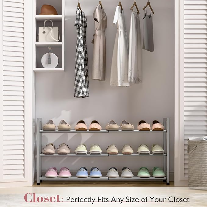 Bumusty 3-Tier Expandable Shoe Rack for Closet, 18“-33” Adjustable Shoe Rack for Small Space, Small Shoe Organizer for Front Door, Sturdy Metal, Light Grey