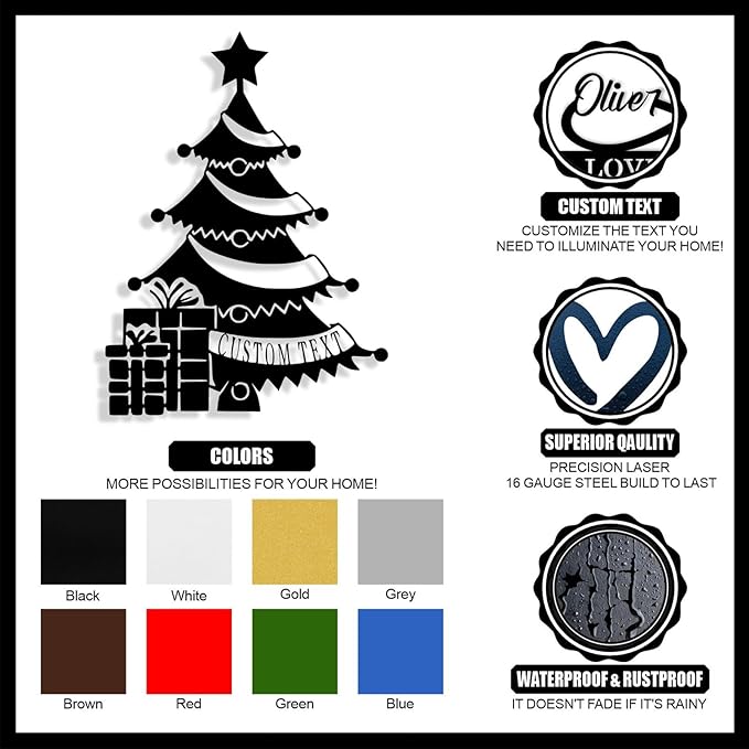 Personalized Christmas Tree Metal Sign, Custom Signs Outdoor Metal Wall Decor, Merry Christmas Tree Signs Wall Decoration for Home Living Room, Bedroom, Office, Garden, Porch