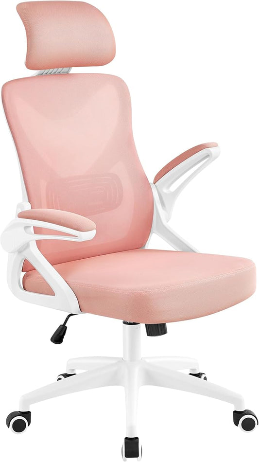 Yaheetech Ergonomic Office Chair, High Back Mesh Desk Chair with flip-up Armrests, Adjustable Headrest Computer Chair with Lumbar Support for Home Oiffce Gaming Room, White/Pink