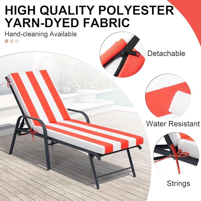 Crestlive Products Chaise Lounge Cushions Set of 2, Outdoor Cushions for Patio Furniture, Water Resistant Lounge Chair Cushion for Pool, Deck, Lawn, 80''L x 23''W, Red White Stripe