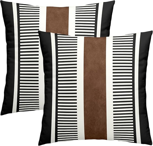 Kawani Boho Decorative Throw Pillow Covers 24x24 Inch Black White Brown Stripe Pillow Covers Set of 2 Farmhouse Rustic Decorative Pillows Modern Geometric Pillow Cases for Couch Decor