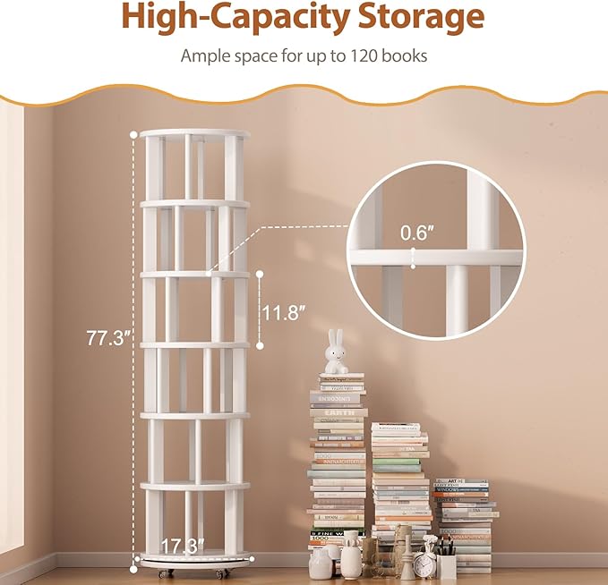 Solid Wood Rotating Bookshelf on Wheels, 6 Tier, Round Revolving Bookcase, 360° Spinning Book Shelf Tower for Kids, Narrow Rolling Bookshelves for Small Space, Corner, Bedroom, Office, White