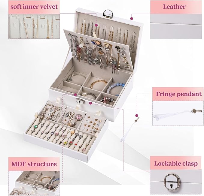 BOOVO Earring Jewelry Box For Women Girl Stud Organizer, 4 Layers Girl Jewelry Organizer Box With Lock Earring Holder Organizer Necklace Ring Jewelry Organizer Box For Girls (White, 4 layer)