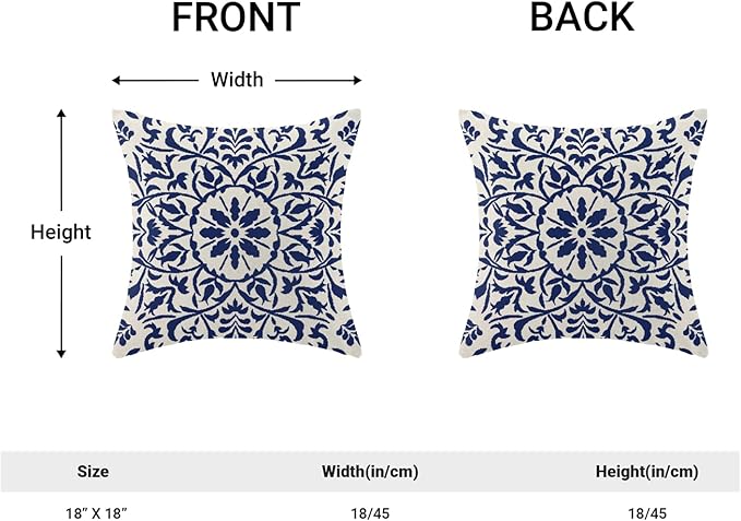 Navy Blue Boho Pillow Covers 18x18 Set of 2, Bohemian Ethnic Carpet Pattern Design Decorative Throw Pillows Linen Blue Print Farmhouse Cushion Pillow Covers for Sofa Couch Outdoor Decor