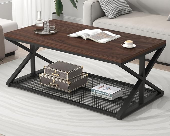 IBF Walnut Coffee Table with Storage, Industrial Wood Metal Rectangle Living Room Table, Vintage 2 Tier Middle Center Table with Mesh Shelf, Walnut, 47 inch