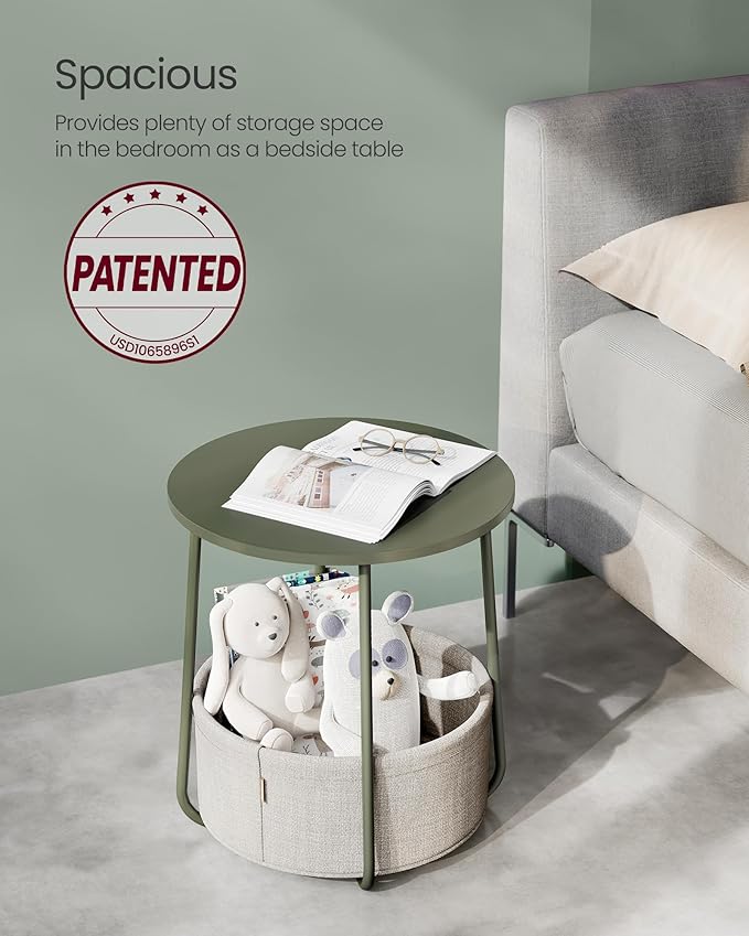 VASAGLE Small Round Side End Table, Modern Nightstand with Fabric Basket, Forest Green and Cream White ULET223C80