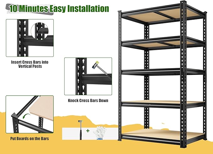 Set of 2 Storage Shelves, 27.7"W Metal Shelving 2010LBS Garage Shelving Heavy Duty Garage Shelves Adjustable Metal Shelf for Pantry Kitchen Closet Basement Warehouse 11.9"D × 27.7"W × 60"H