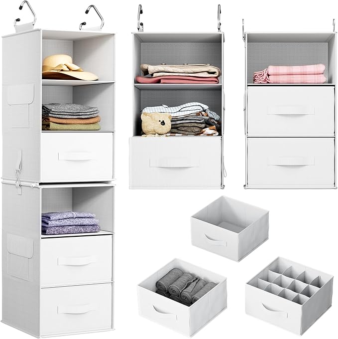 Pipishell 6-Shelf Hanging Closet Organizer, Hanging Shelves with 2 Separable 3-Tier Shelves, Closet Shelves Organizer with 3 Removable Drawers for Wardrobe, Nursery, Baby Clothes Organizer, White