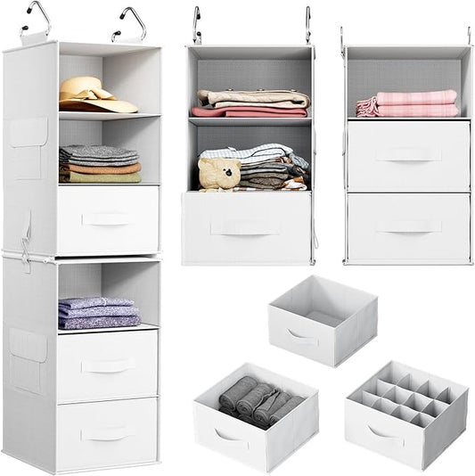 Pipishell 6-Shelf Hanging Closet Organizer, Hanging Shelves with 2 Separable 3-Tier Shelves, Closet Shelves Organizer with 3 Removable Drawers for Wardrobe, Nursery, Baby Clothes Organizer, White