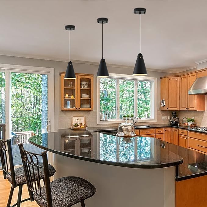 Black Pendant Light for Kitchen light fixtures,Small Modern Industrial Chandeliers with Cone Metal Shade,Mini Adjustable Cord Hanging Lighting Fixtures for Over island,Bar,Dining Room.(1 Pack)