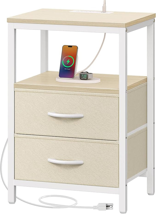 Huuger Nightstand with Charging Station, Side Table with Fabric Drawers, End Table with Open Shelf, Bedside Table with USB Ports and Outlets, Night Stand for Bedroom, White Marple