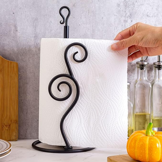 MyGift Rustic Burnt Solid Wood and Industrial Matte Black Metal Dining Combination Caddy with Paper Towel Roll Dispenser Stand, Napkin Holder, and Spice Rack (Matte Black Metal)