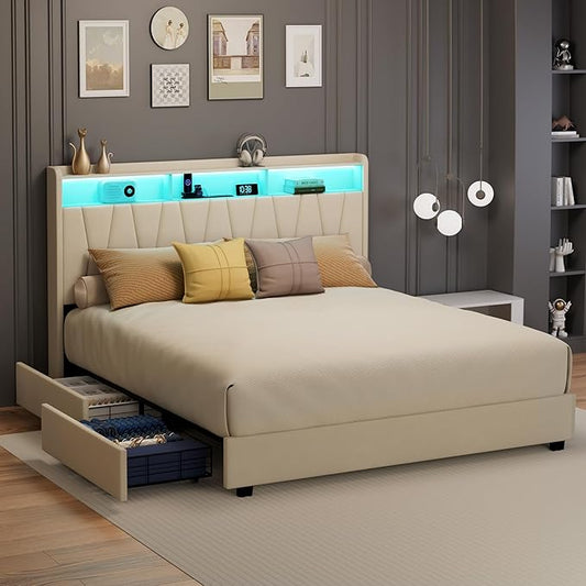 King Size Bed Frame, Velvet Upholstered LED Platform Bed with Headboard Storage, Bed Frame King Built-in Charging Station with 4 Drawers, Wood Slat Support, No Box Spring Needed, Beige