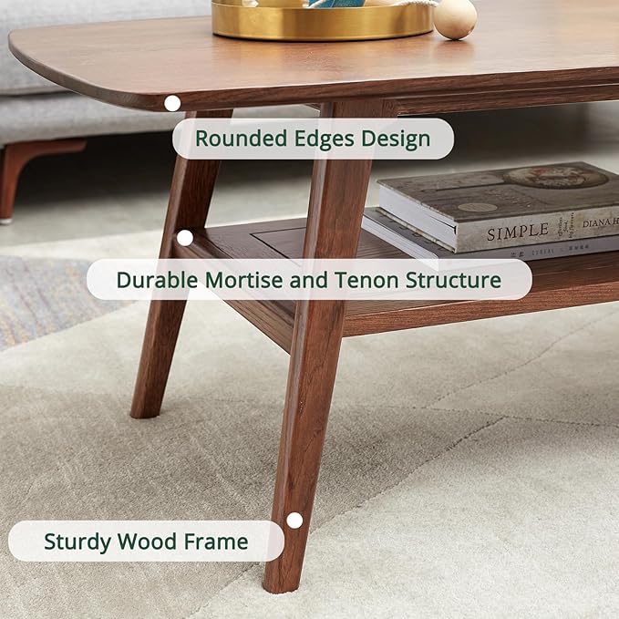 2-Tier Solid Oak Wood Coffee Table - Practical Center Table with Double Storage for Small Apartments, Living Rooms, Bedrooms, and Offices (Walnut, 31.49" D x 19.68" W x 17.32" H)