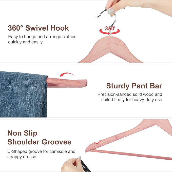 HOUSE DAY Cedar Hangers for Closet 30 Pack, Smooth Cedar Wood Hangers with Rings, 360° Swivel Hook, U-Shape Notched, Non Slip Pant Bar, Sturdy Wooden Clothes Hanger for Coats, Dresses, Suits
