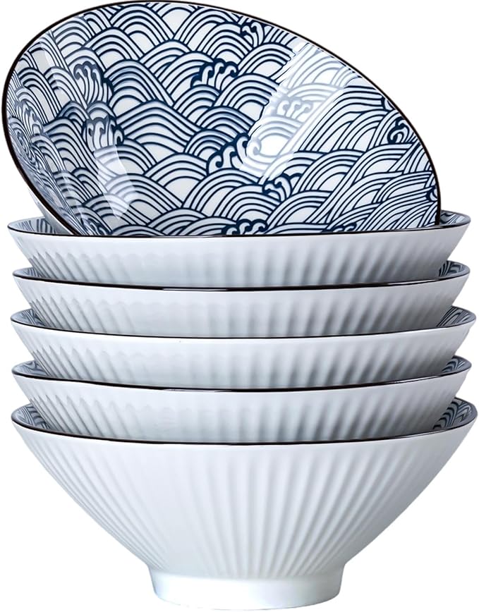 38 oz Japanese Ramen Bowl Set of 6 - Large 8 Inch Ceramic Soup Bowls, Blue and White Japanese Noodle Bowls for Pho, Ramen, and Salad - Wave Patterns
