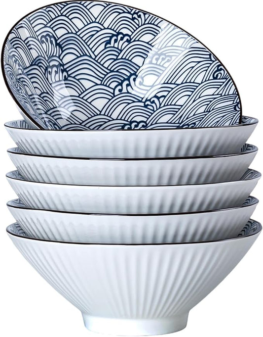 38 oz Japanese Ramen Bowl Set of 6 - Large 8 Inch Ceramic Soup Bowls, Blue and White Japanese Noodle Bowls for Pho, Ramen, and Salad - Wave Patterns