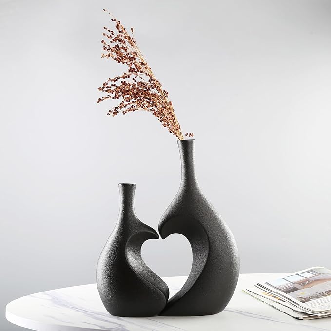 Black Ceramic Vase Set of 2, Heart Shaped vase, Matte Frosted Texture Finish,Farmhouse Decor, Home Decor, Decorative Vase, Vases for Your Bedroom, Office, Living Room, Bathroom (Black)