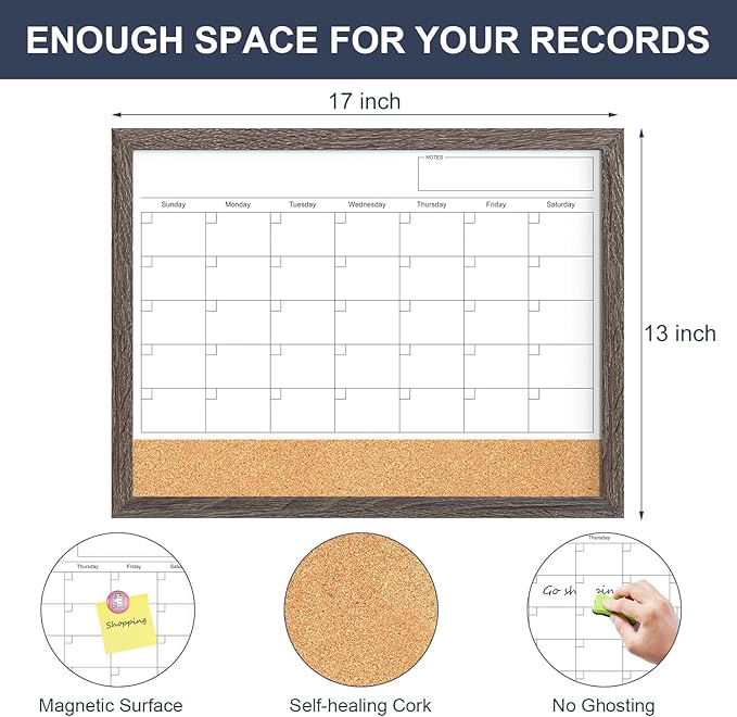 Calendar Whiteboard for Wall, 17x13 Inches Dry Erase Calendar Cork Board Combo, Magnetic White Board with Wood Framed, Hanging Dry Erase Board for Home Kitchen Office Planner Memo