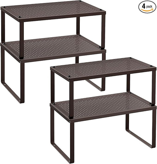 SONGMICS Spice Racks, Set of 4 Metal Cabinet Shelf Organizers, Countertop Organizers, Shelf Risers, Stackable, Expandable, Brown UKCS06BR
