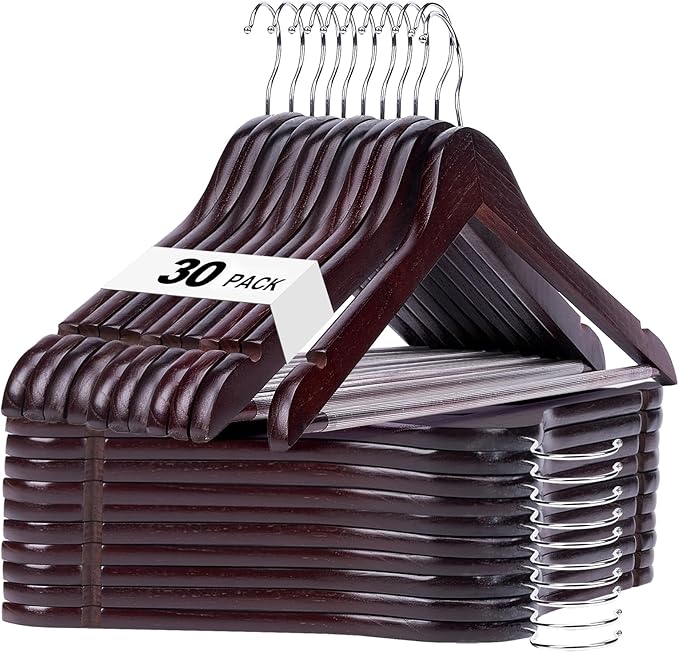 HOUSE DAY Cherry Wooden Hangers 30 Pack, Solid Wood Hanger with Non Slip Pant Bar, Heavy Duty Wooden Coat Hanger for Closet, Smooth Finish Wood Clothes Hangers for Shirts, Suits, Jackets, Dress