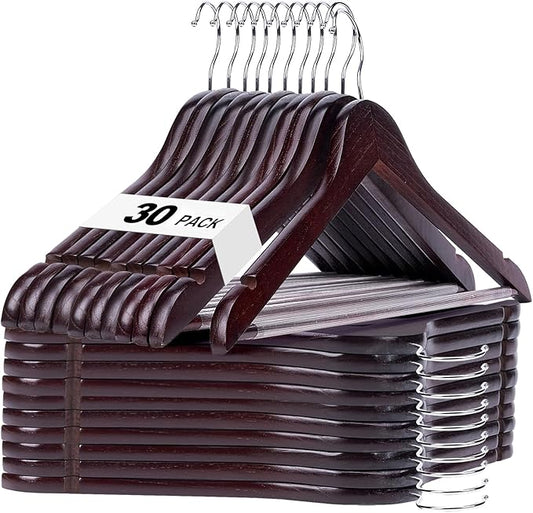 HOUSE DAY Cherry Wooden Hangers 30 Pack, Solid Wood Hanger with Non Slip Pant Bar, Heavy Duty Wooden Coat Hanger for Closet, Smooth Finish Wood Clothes Hangers for Shirts, Suits, Jackets, Dress