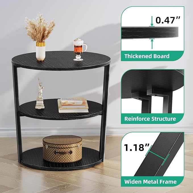 Rotating Round Side Table, 3-Tier End Table with Metal Frame, Nightstand for Small Spaces, Side Table Living Room Bedroom Sofa Bathroom, Pure Black