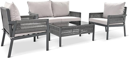 4-Piece Rope Outdoor Furniture Set, Patio Conversation Set with Tempered Glass Table, Rope-Woven Furniture Set with Deep Seat Design for Backyards, Gardens, Balconies, Grey