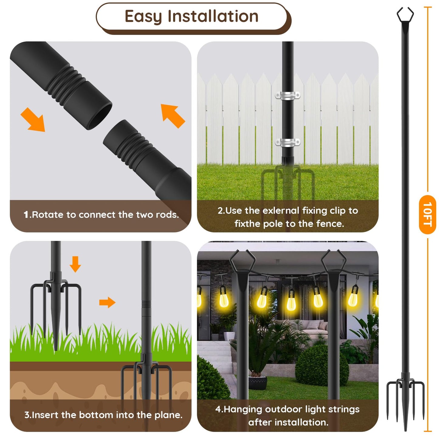 10Ft String Light Poles 4 Pack,Light Poles for Outside Lights,Outdoor with Fence Brackets Hanging Lights,Metal Stand Deck Patio Backyard