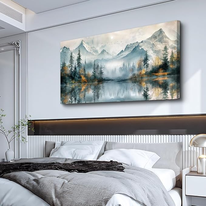 MHARTK66 Canvas Wall Art For Bedroom Framed Decorations For Living Room Modern Office Wall Decor Lake View Painting Forest Tree Landscape Wall Pictures Canvas Artworks Ready To Hang Home Decor