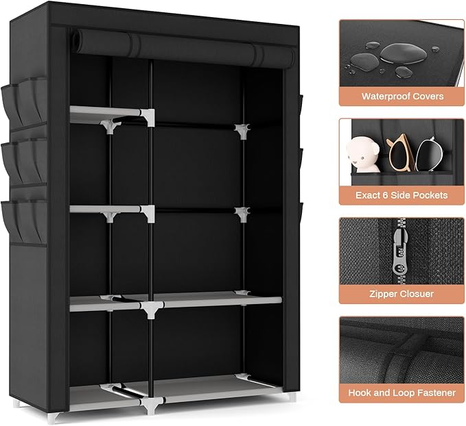 VTRIN Wardrobe Closet, 41.7 Inch Wide Portable Closets for Hanging Clothes with 1 Hanging Rod, 6 Shelves, 6 Pockets, Clothes Rack with Cover Portable Wardrobe Closet for Bedroom, Dorm, Black